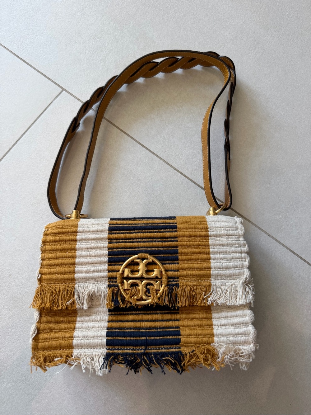 Tory Burch Mustard, Cream & Navy Striped Woven Shoulder Bag